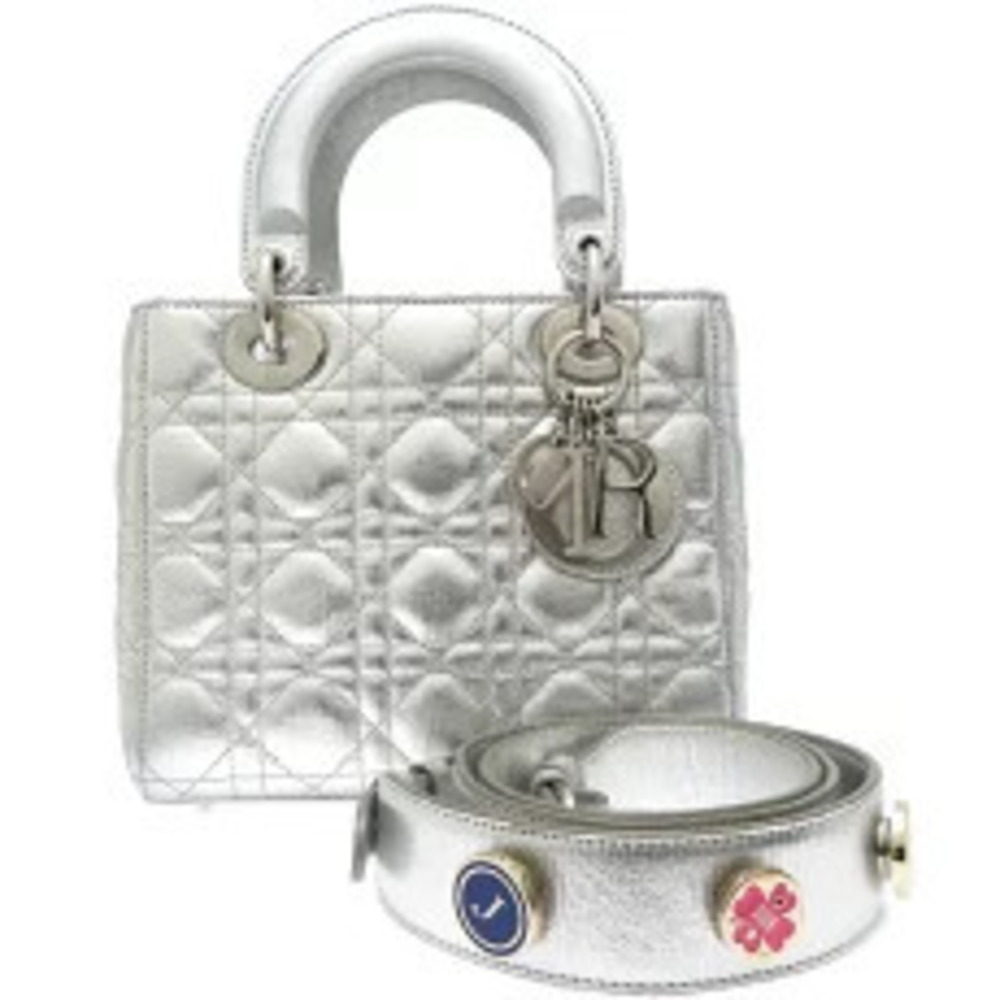 Christian Dior My Lady Lucky Badge Handbag Leather Silver